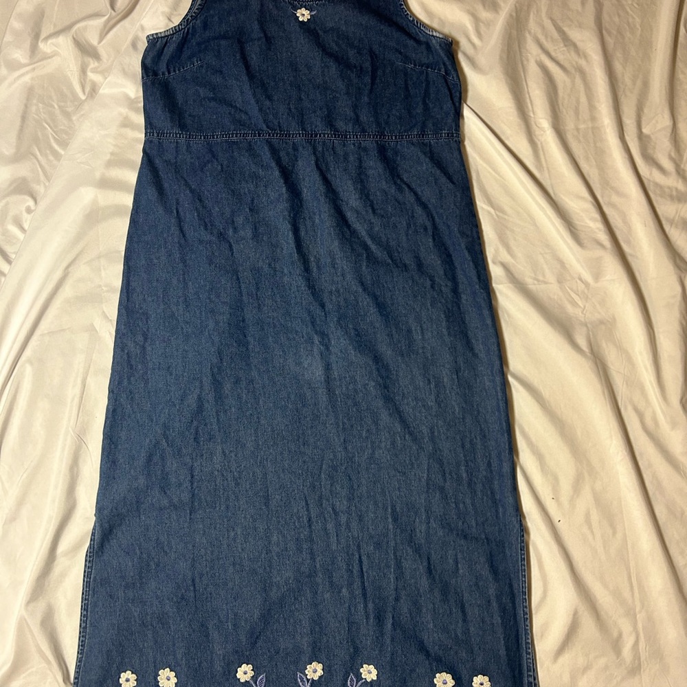 Vintage Erika Collection Blue Denim Cotton Jumper Dress Floral Accent Medium - Picture 3 of 14